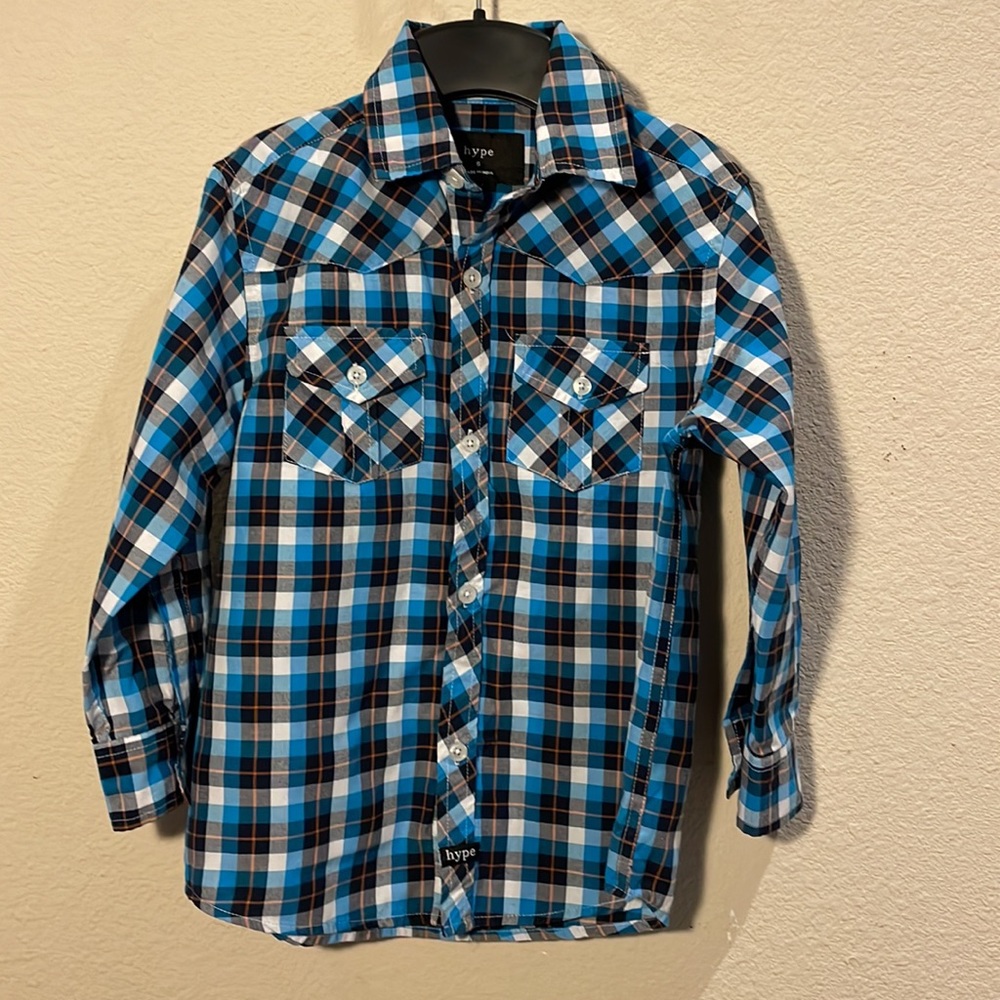 Hype, boy, plaided, roll up, button down shirt.